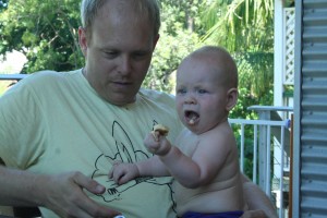 Baby eating ricotta hotcakes